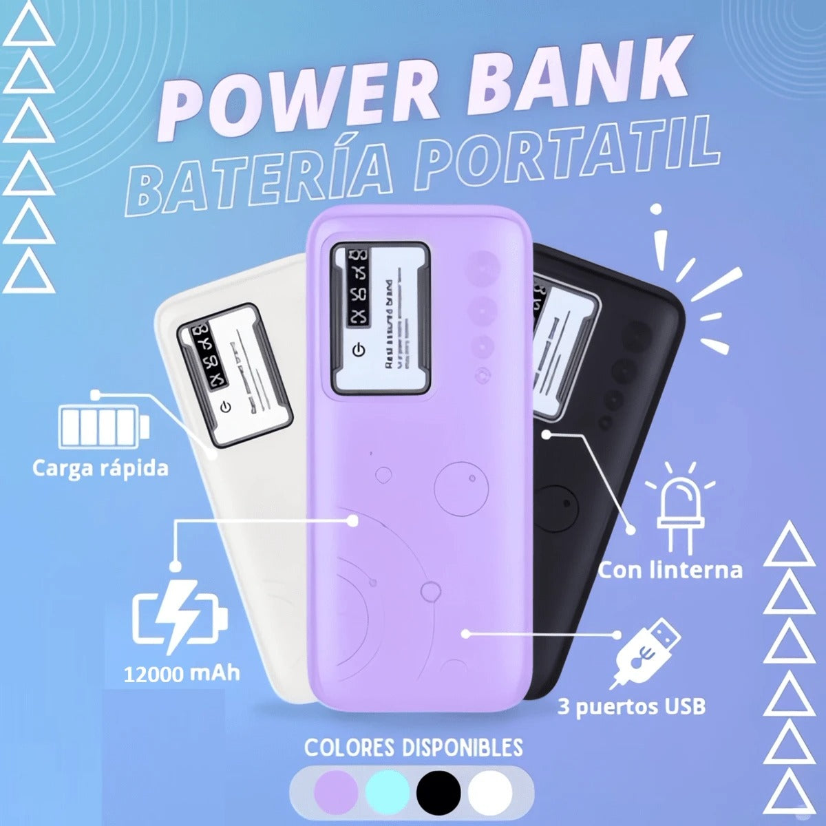 Batería portátil, Power bank carga rápida, 20000mAh Colores Variados