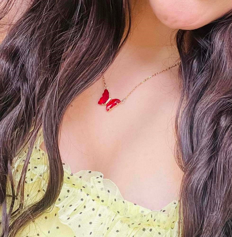 Collar para mujer de mariposa roja, acero inoxidable