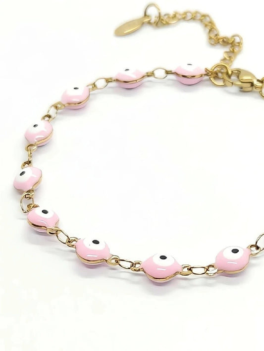 Pulsera de ojo turco rosa, acero inoxidable