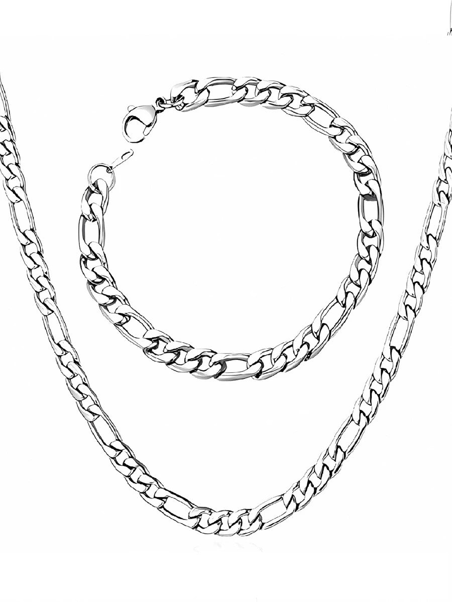Set de cadena y esclava figaro color plata, acero inoxidable
