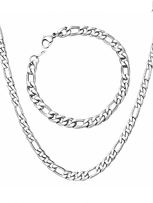 Set de cadena y esclava figaro color plata, acero inoxidable