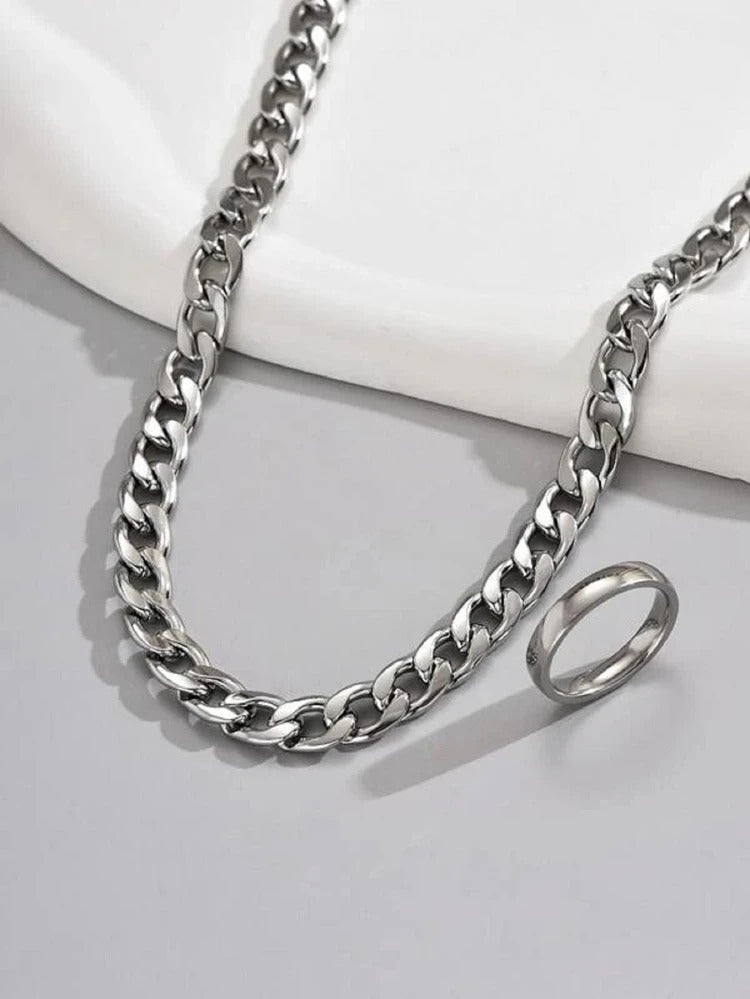 Set de cadena y esclava cubana color plata, acero inoxidable