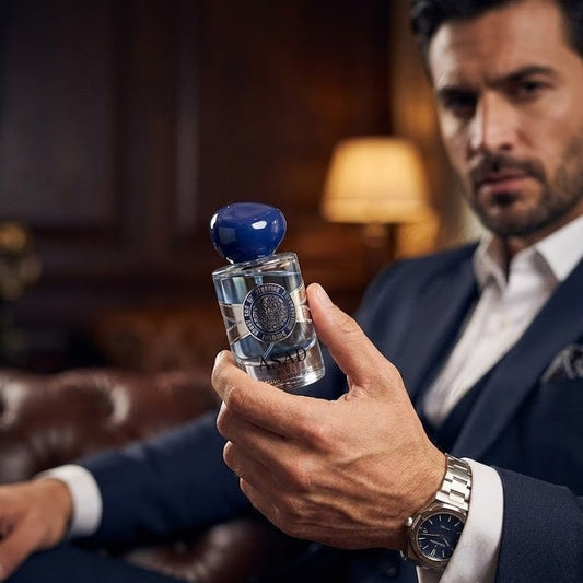 Perfume para unisex ASAD Blue, detalle de la etiqueta, aroma avainillado y fresco