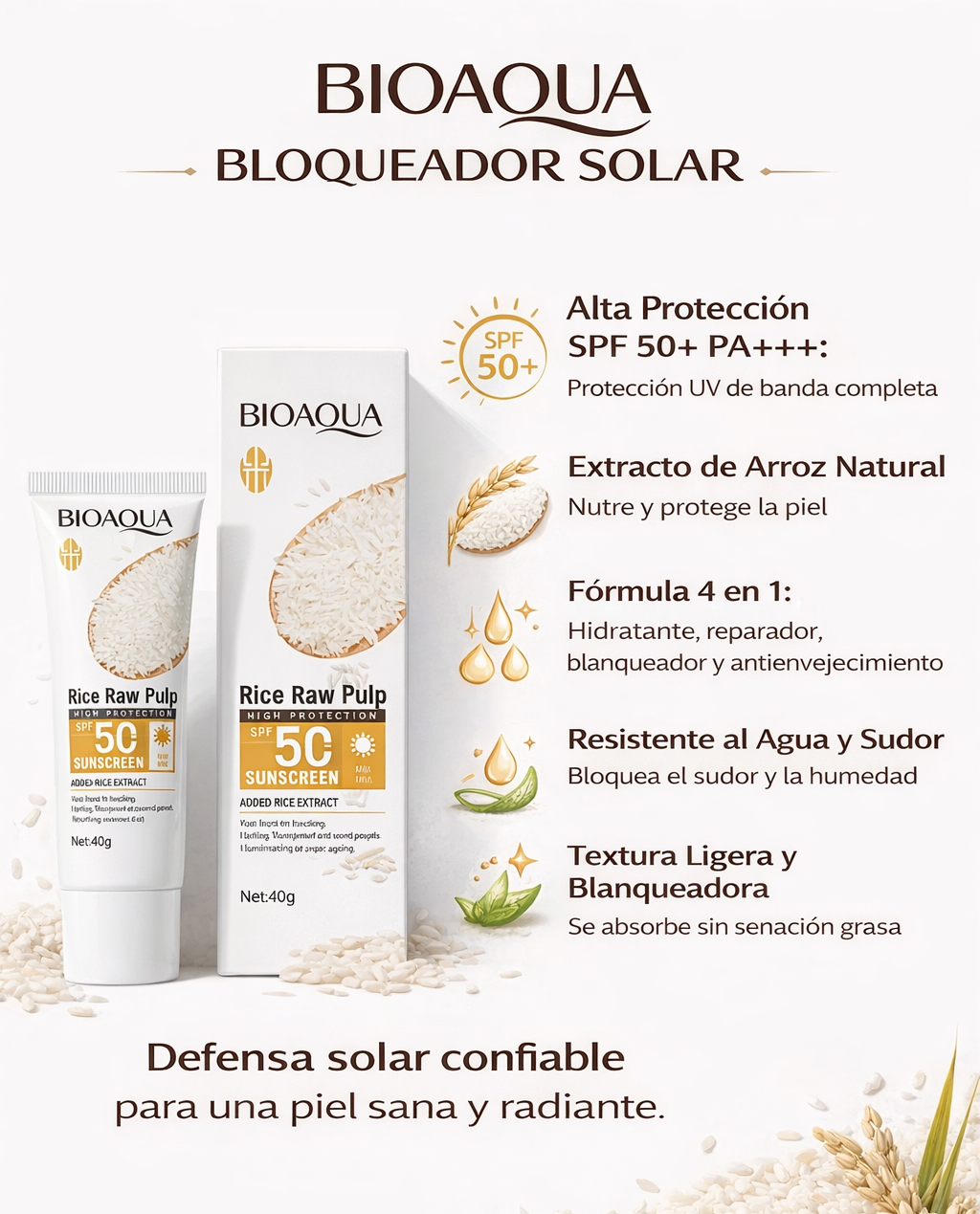 Protector Solar BIOAQUA Pulpa de Arroz SPF50+ PA+++ Alta Protección, Hidratación y Antiedad