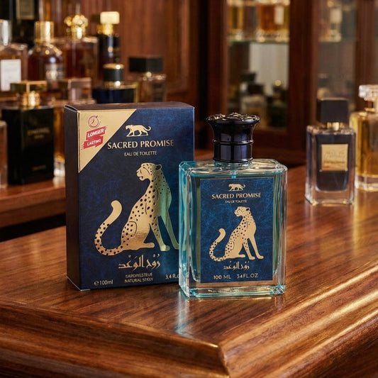 Perfume para hombre Scared Promise, detalle de la etiqueta, aroma oriental y amaderado