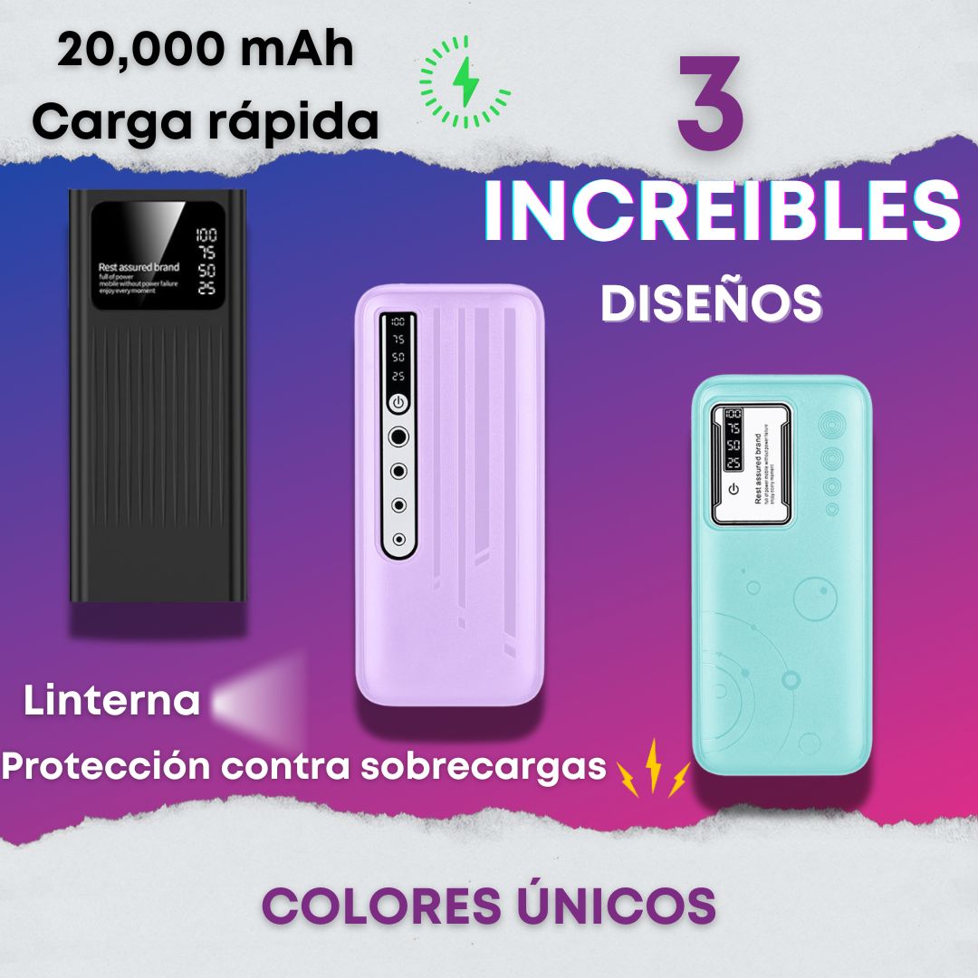 Batería portátil, Power bank carga rápida, 20000mAh Colores Variados