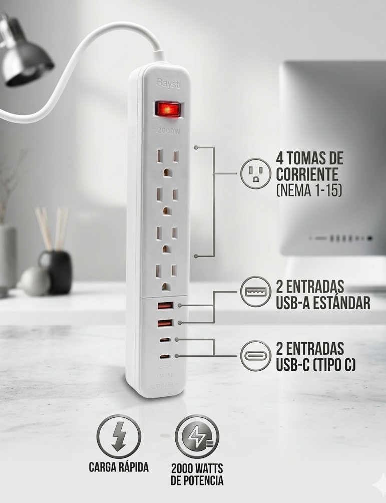 Multicontacto de Pared 2000W: 4 Enchufes + 2 USB + 2 Tipo C, Carga Rápida y Segura para Hogar y Oficina