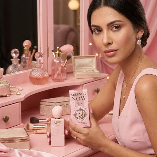 Perfume para mujer Serenity Now Pink, detalle de la etiqueta, aroma aromático