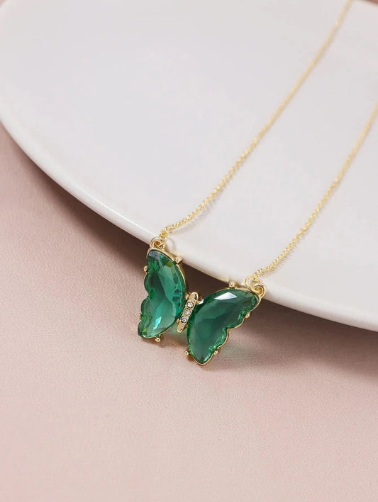 Collar para mujer de mariposa verde, acero inoxidable