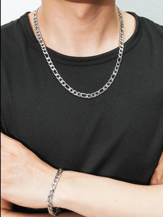 Set de cadena y esclava figaro color plata, acero inoxidable