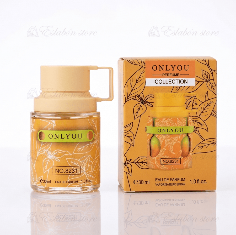 Perfume OnlYou 8231, vista frontal del frasco, aroma tropical y afrutado