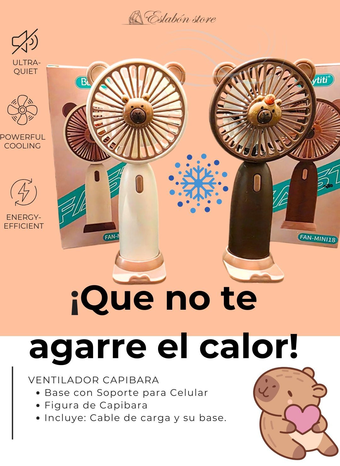 Ventilador portatil, recargable, modelo capibara, ventilador de oficina