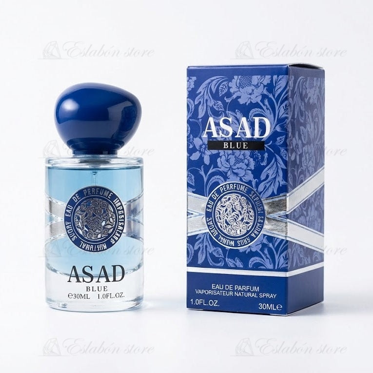 Perfume para unisex ASAD Blue, vista frontal del frasco, aroma avainillado y fresco