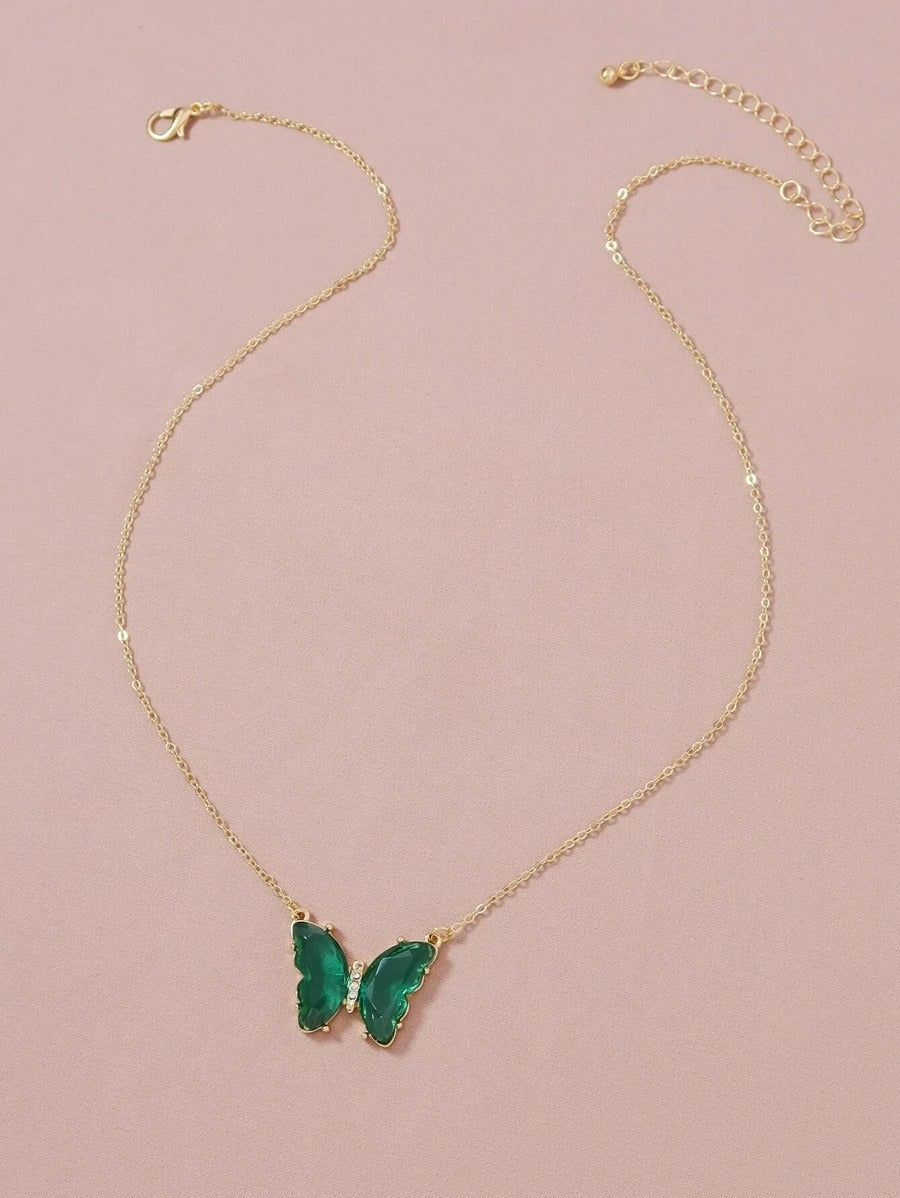 Collar para mujer de mariposa verde, acero inoxidable