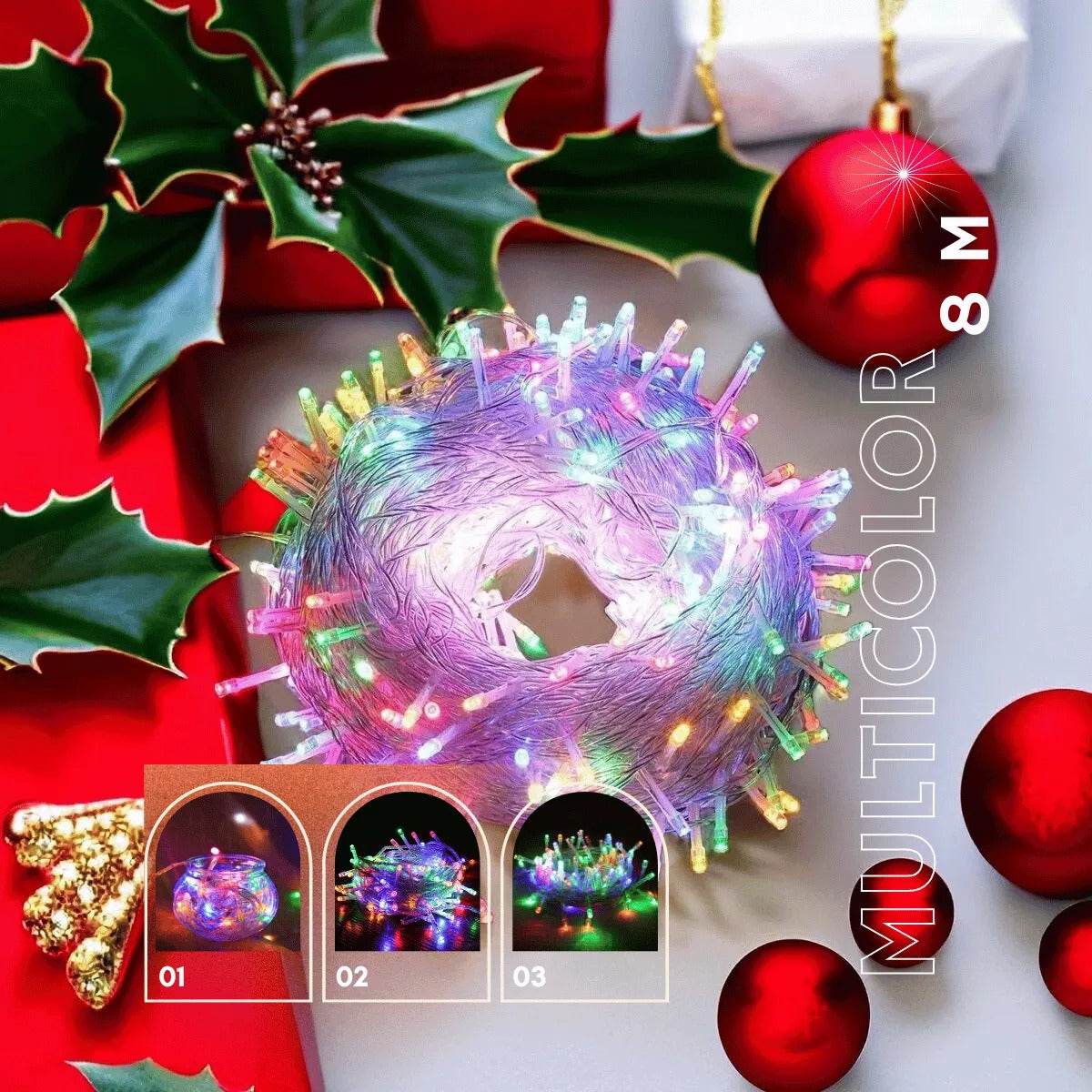 Serie Navideña de 8 metros, 100 Luces Navideñas, Led Multicolor