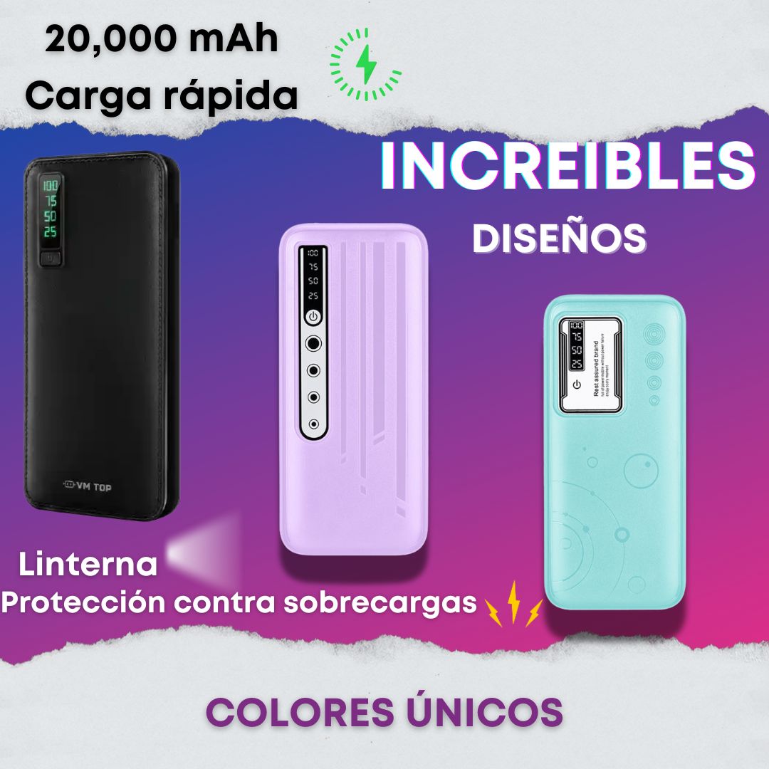 Batería portátil, Powerbank carga rápida, 20000mAh Colores Variados