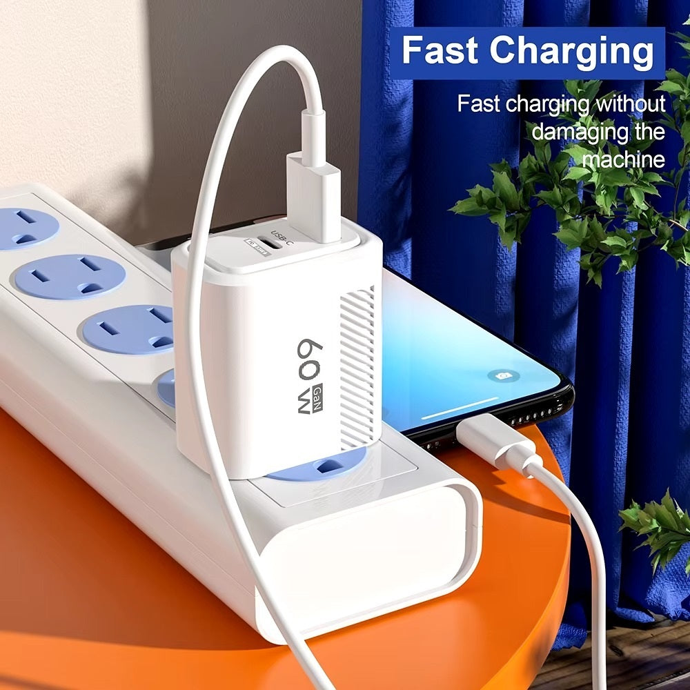 Cargador de Carga Rápida 60w 2 en 1, Cargador USB C y USB A