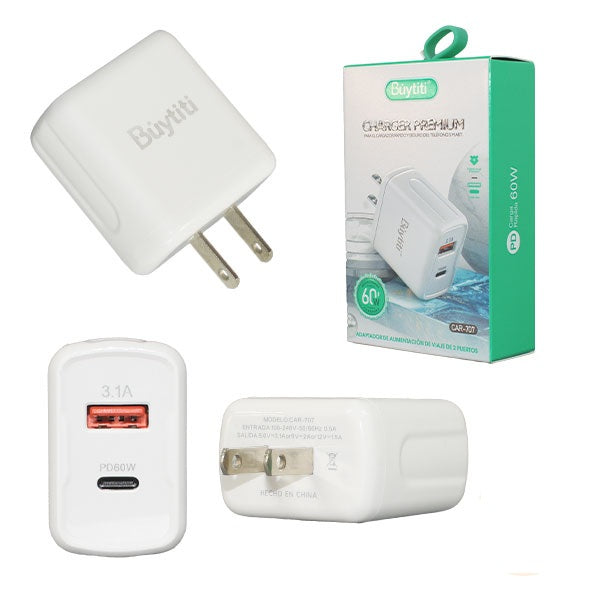 Cargador de Carga Rápida 60w 2 en 1, Cargador USB C y USB A