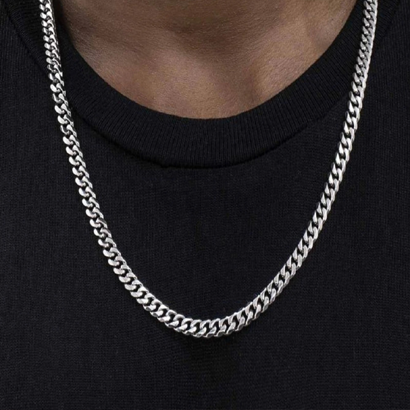 Set de cadena y esclava cubana color plata, acero inoxidable