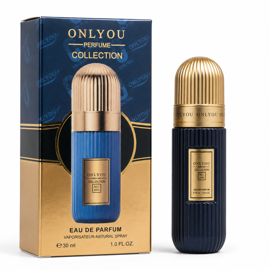 Perfume para hombre Onlyou Collection No. 8202, vista frontal del frasco, aroma aromático y ámbar