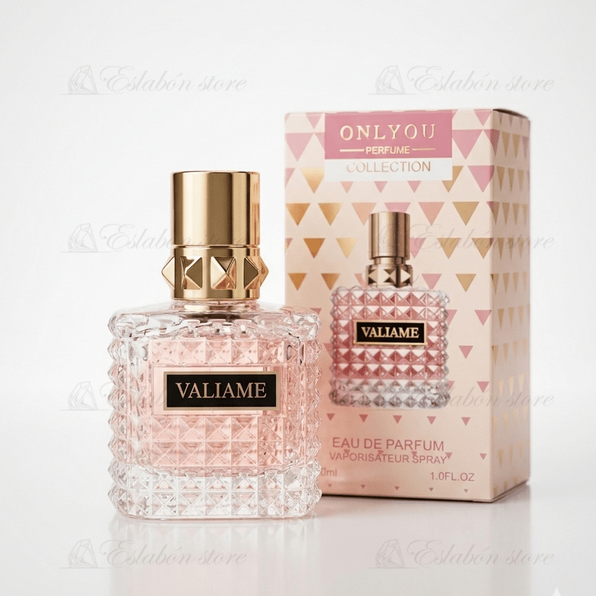 Perfume para mujer Valiame, vista frontal del frasco, aroma dulce y afrutado
