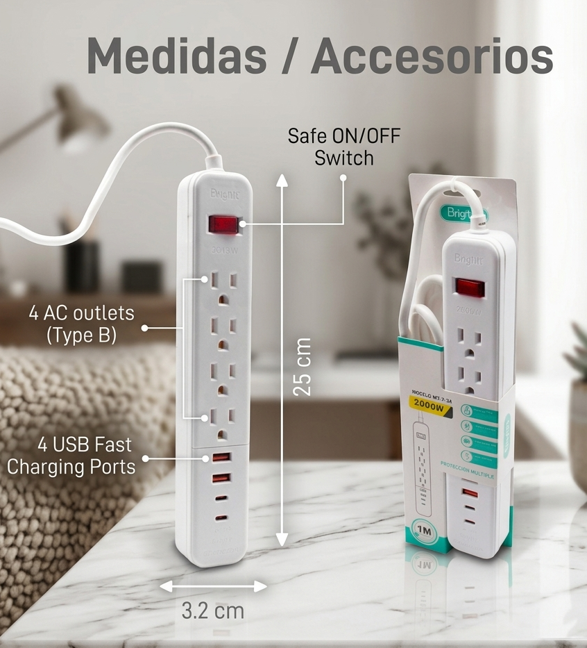 Multicontacto de Pared 2000W: 4 Enchufes + 2 USB + 2 Tipo C, Carga Rápida y Segura para Hogar y Oficina