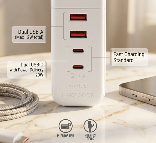 Multicontacto de Pared 2000W: 4 Enchufes + 2 USB + 2 Tipo C, Carga Rápida y Segura para Hogar y Oficina