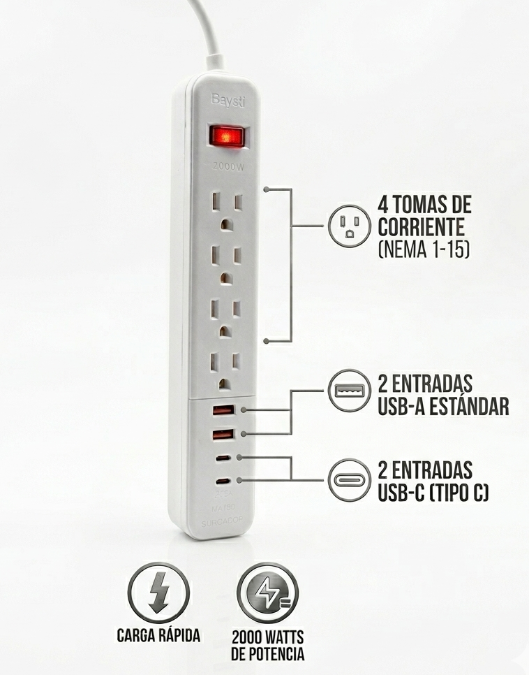 Multicontacto de Pared 2000W: 4 Enchufes + 2 USB + 2 Tipo C, Carga Rápida y Segura para Hogar y Oficina